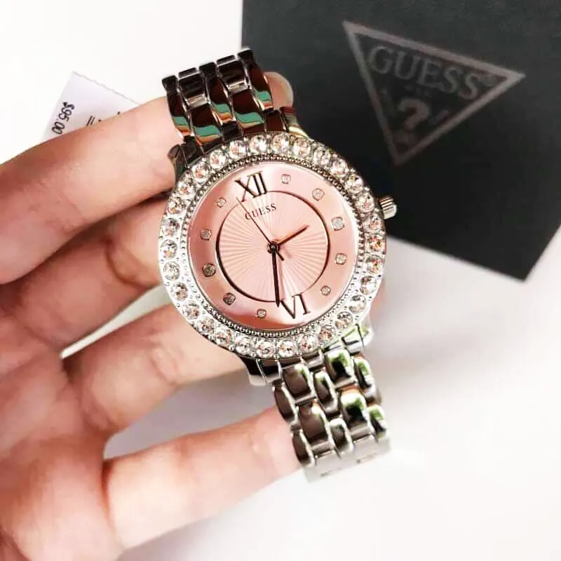 Guess Rhinestone-embellished Pink Dial Ladies Watch- W1062L2